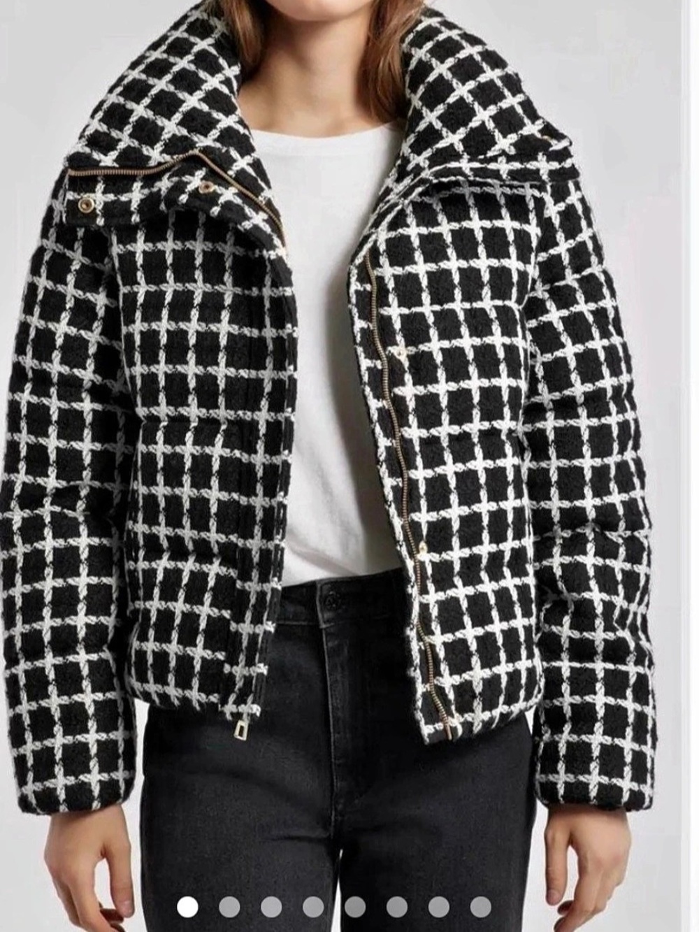 BCBGMAXAZRIA Short Tweed Puffer Coat Black & White Medium